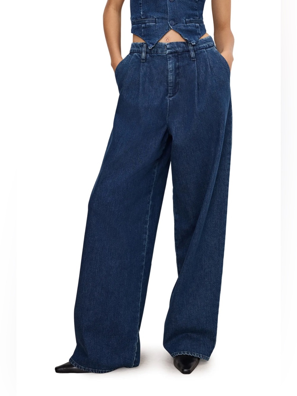 Good American Good '90s Pleated Wide Leg Jeans size 8 VGUC dark wash